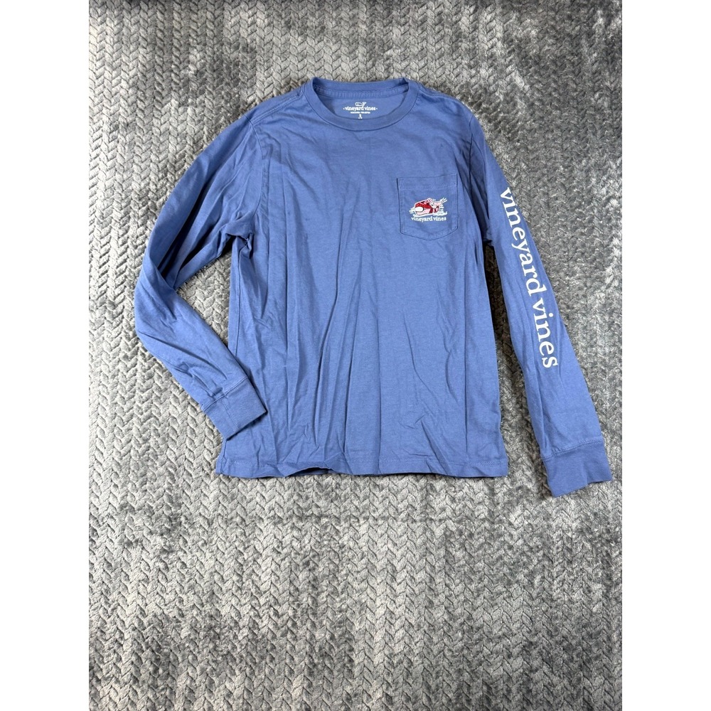 Vineyard Vines Shirt Boys S 8-10 Blue Cotton Sledding Skiing Whale Long Sleeve